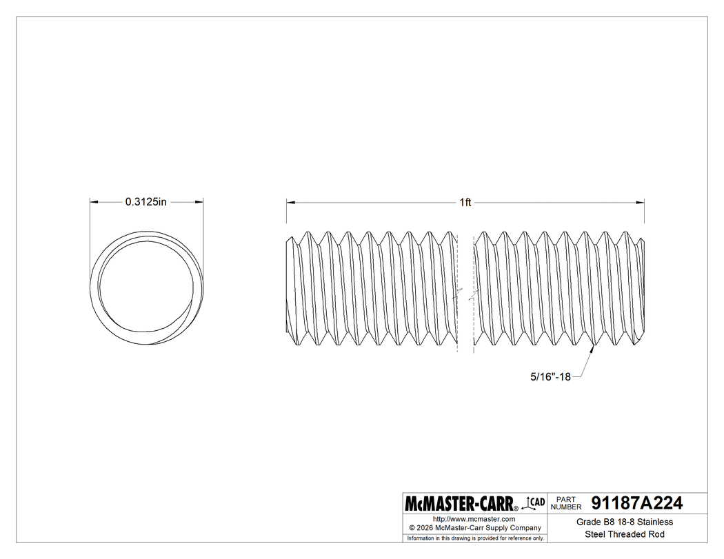 Technical Drawing of Grade B8 18-8 Stainless Steel Threaded Rod, 5/16"-18 Thread Size, 1 Foot Long.